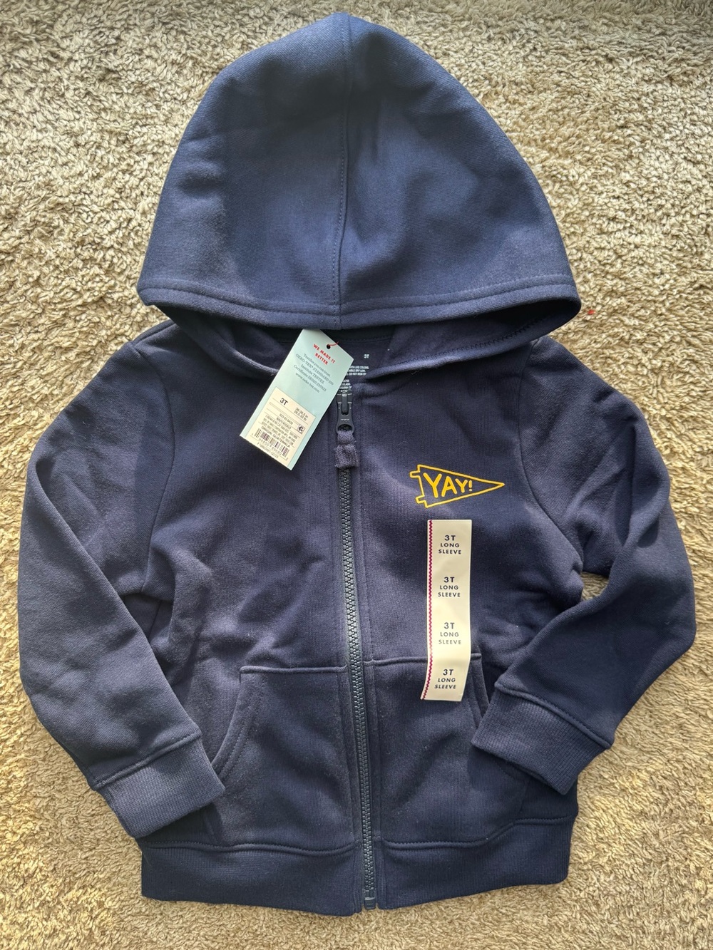 Cat & Jack Toddler Zip Hoodie Navy “YAY!” Graphic 3T NWT